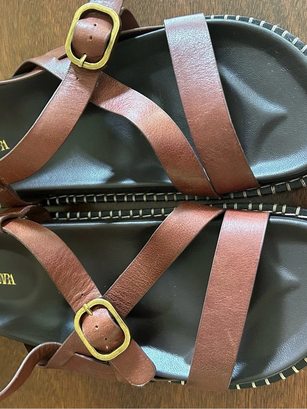 Zara Brown Leather Cross-Strap Sandals with Gold Buckles - Picture 2 of 5